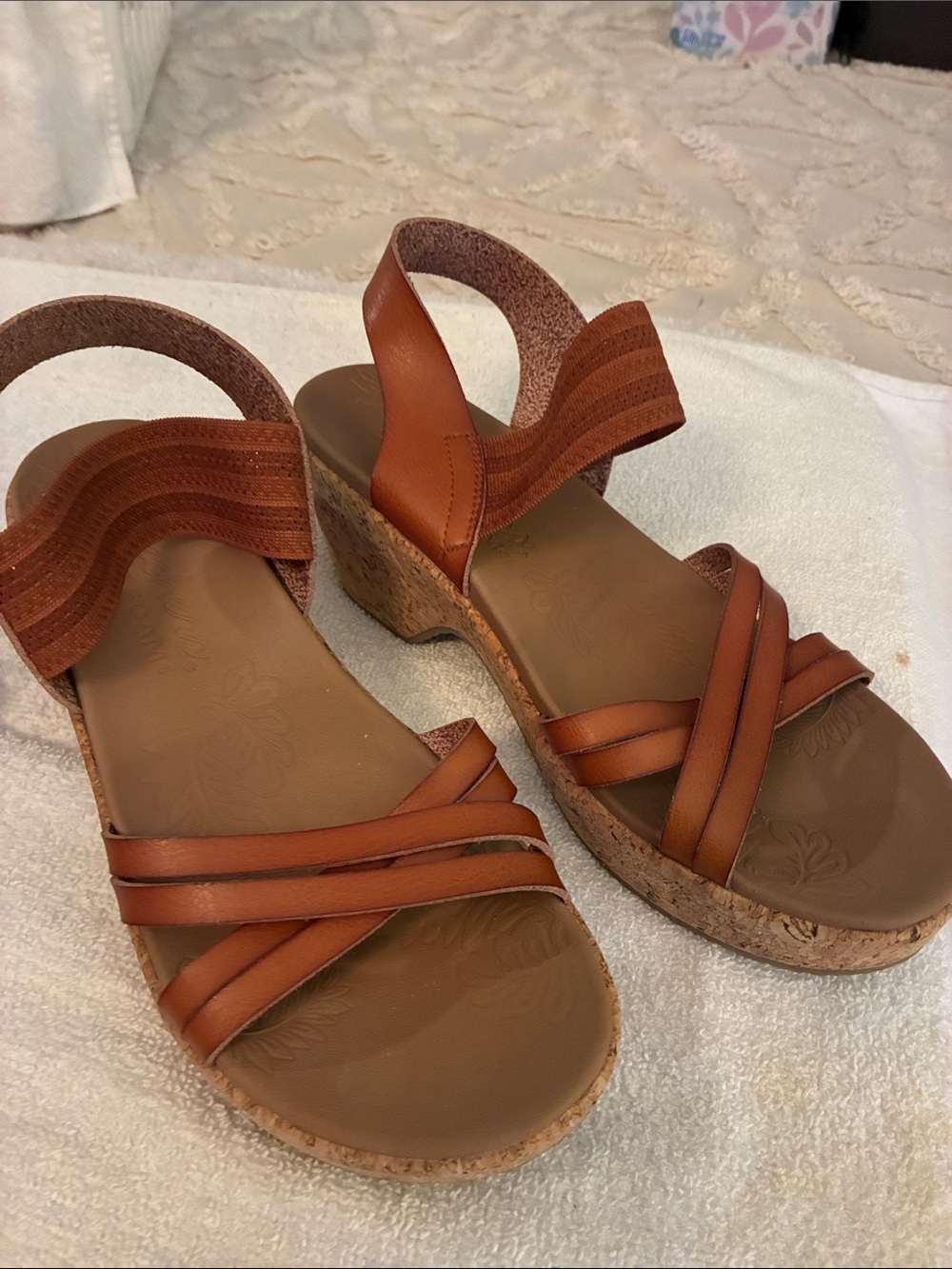 Women's Luggage Brown Cork Wedge Sandals - Skechers Cali Bristol-Night skies